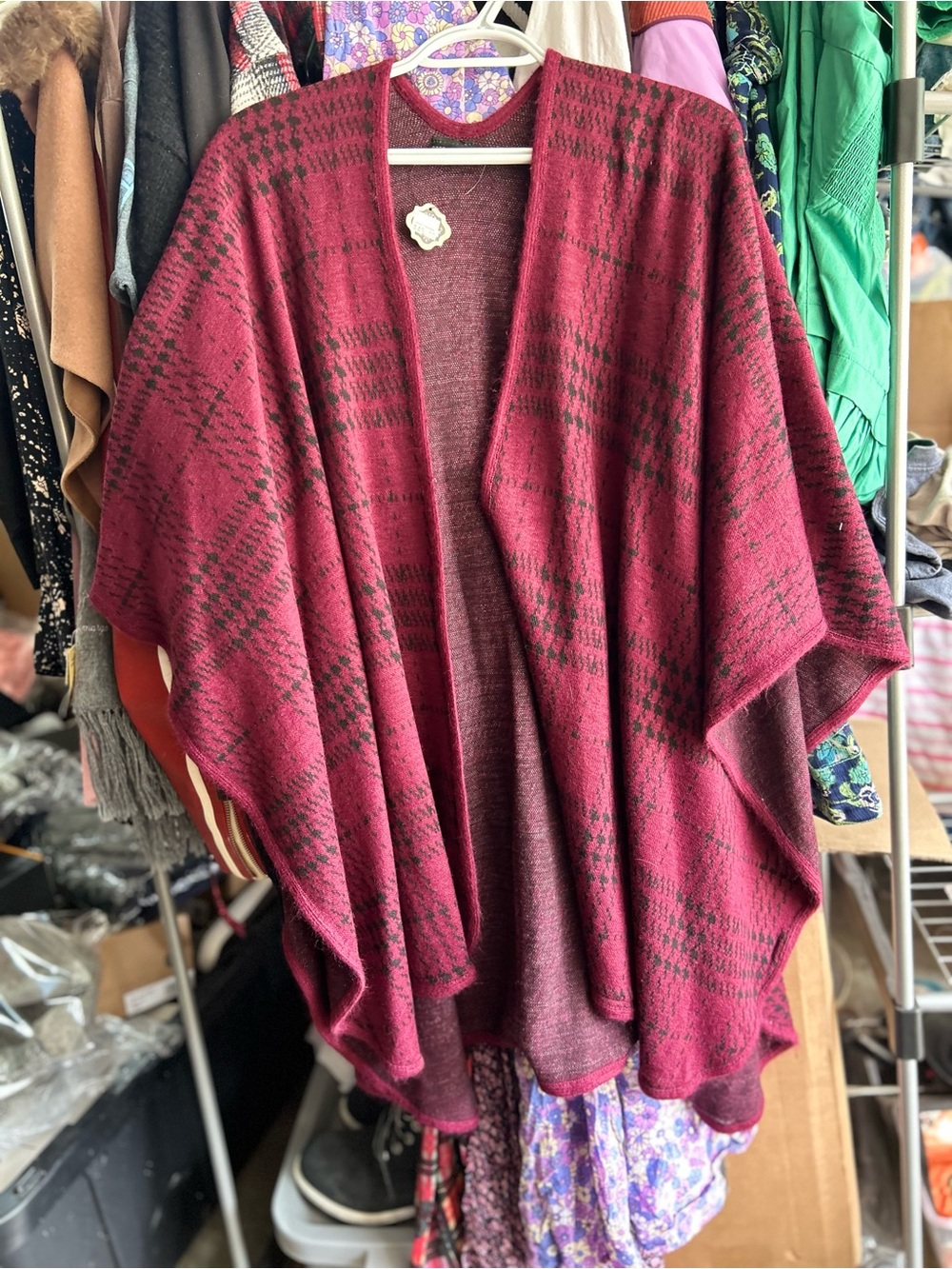Coco + Carmen Burgundy Plaid Open-Front Poncho Sweater